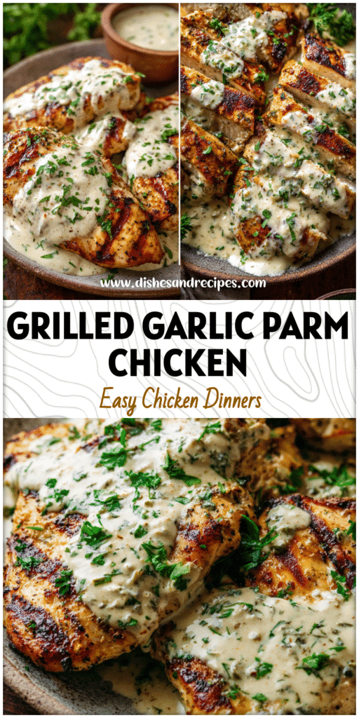 Grilled chicken in rich garlic parmesan cream sauce garnished with parsley on a rustic plate.